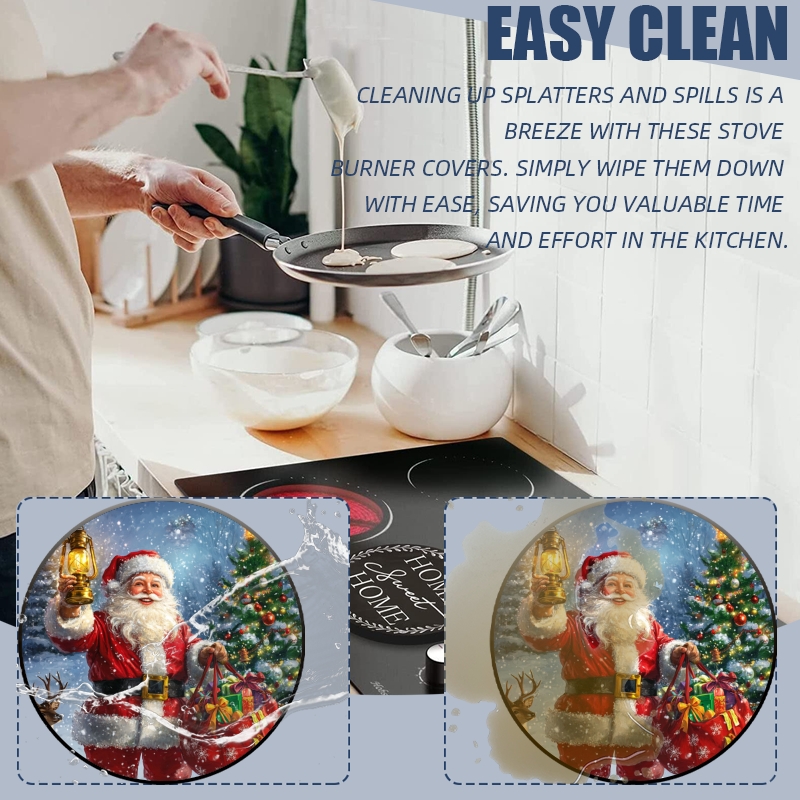 Christmas Stove Burner Covers for Electric Stove, Santa with Present Xmas Tree Holiday Decorative Round Mental Electric Range Burner Covers Set of 4 for Kitchen, 8 Inches and 10 Inches