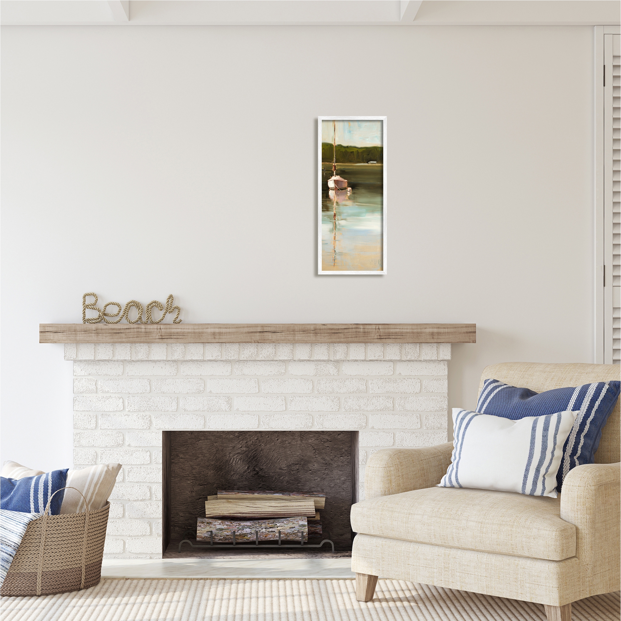 Stupell Industries Boat Reflection Painting Transportation Painting White Framed Art Print Wall Art, 10 x 24