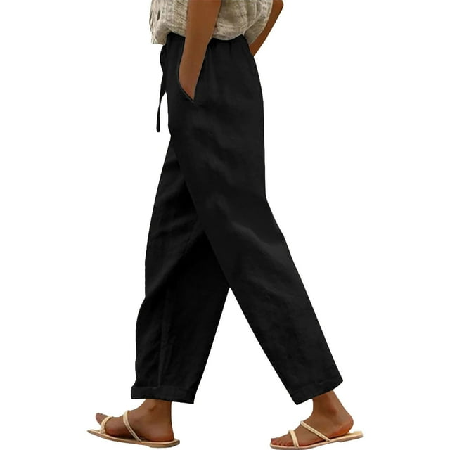 Pantalones casuales de lino para mujer: cintura alta con bolsillos laterales, pantalones largos para primavera/verano