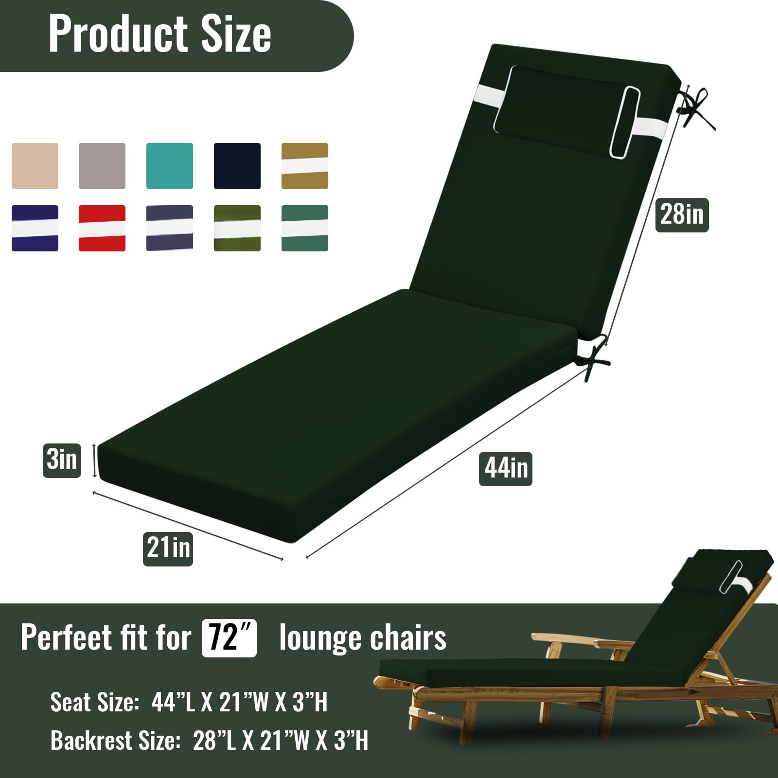 SDJPOI Outdoor Chaise Lounge Cushion, 72×21×3in Patio Chair Cushion for Pool Beach（Dark Green）
