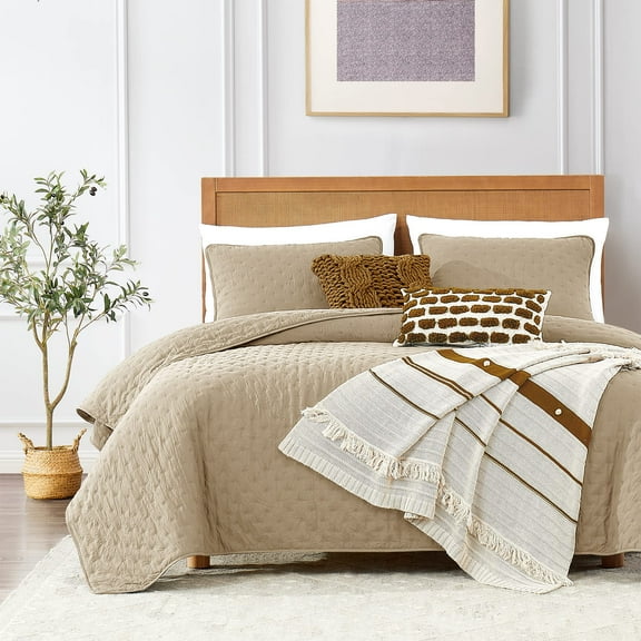 Twin Size Quilt Bedding Set 68x90 Inches, Ultrasonic Quilted Blanket with Pillow Sham, Thin Comforter for Summer Spring, Durable Polyester Bed Cover, Cream Tan