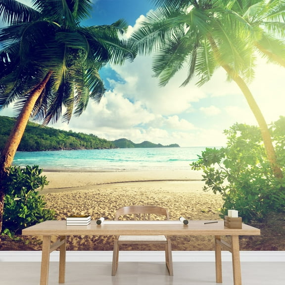wall26 - Sunset on The Beach Takamaka, Mahe Island, Seychelles - Removable Wall Mural | Self-Adhesive Large Wallpaper - 100x144 inches