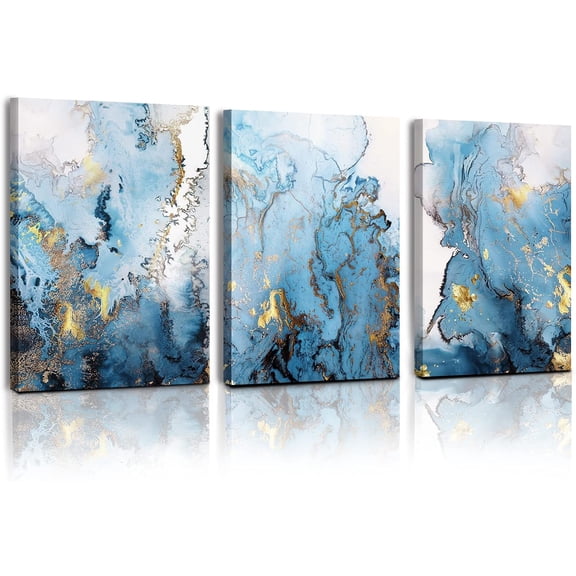 Abstract Canvas Wall Art for Living Room, Wall Decor for Bedroom, Blue Gold Marbling Pictures for Bathroom Wall Decoration, Painting Set for Office, Home Decor for Wall