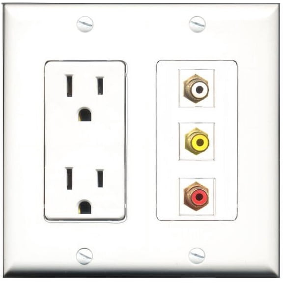 RiteAV - 15 Amp Power Outlet 1 Port RCA Red 1 Port RCA White 1 Port RCA Yellow Decorative Wall Plate