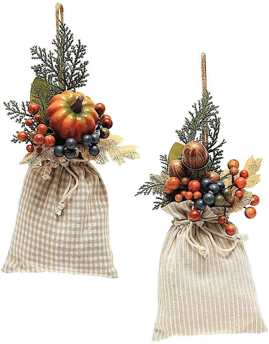 S/2 Decorative Fruit Berries Pumpkin Acorns in Fabric Bag Vertical Hanging Decor Thanksgiving Autumn Ornaments Decorations 11' Tan Bags