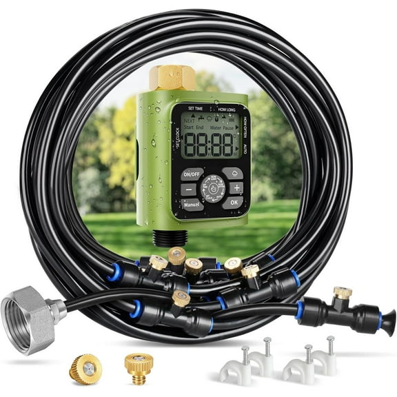 Misting Cooling System with Timer, 26FT Misting Hose 10 Brass Nozzles 3/4" Brass Adapter Water Timer with Mist Mode & Irrigation Mode, Outdoor Misters for Patio Cooling and Garden Watering