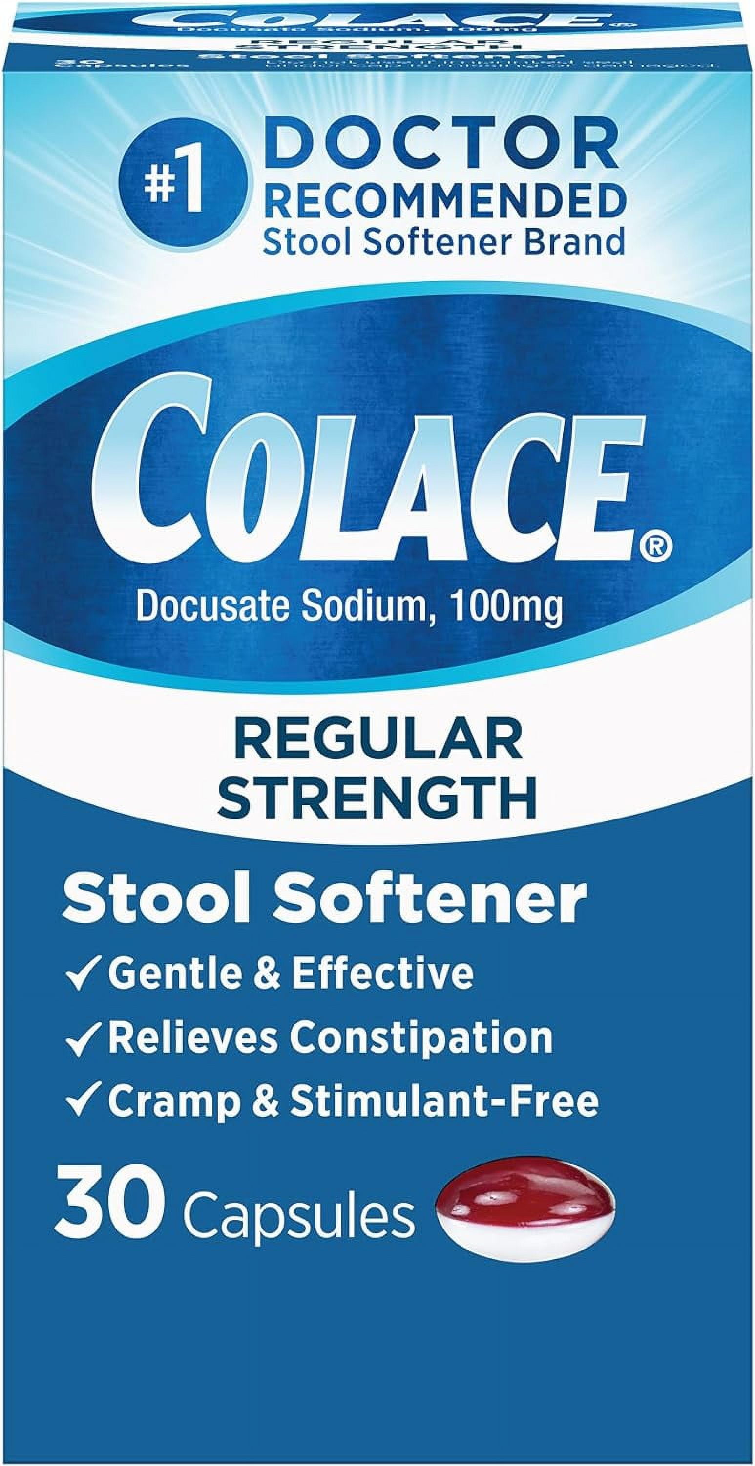 Colace Regular Strength Stool Softener for Constipation Relief, 100mg Capsules, 30 Ct