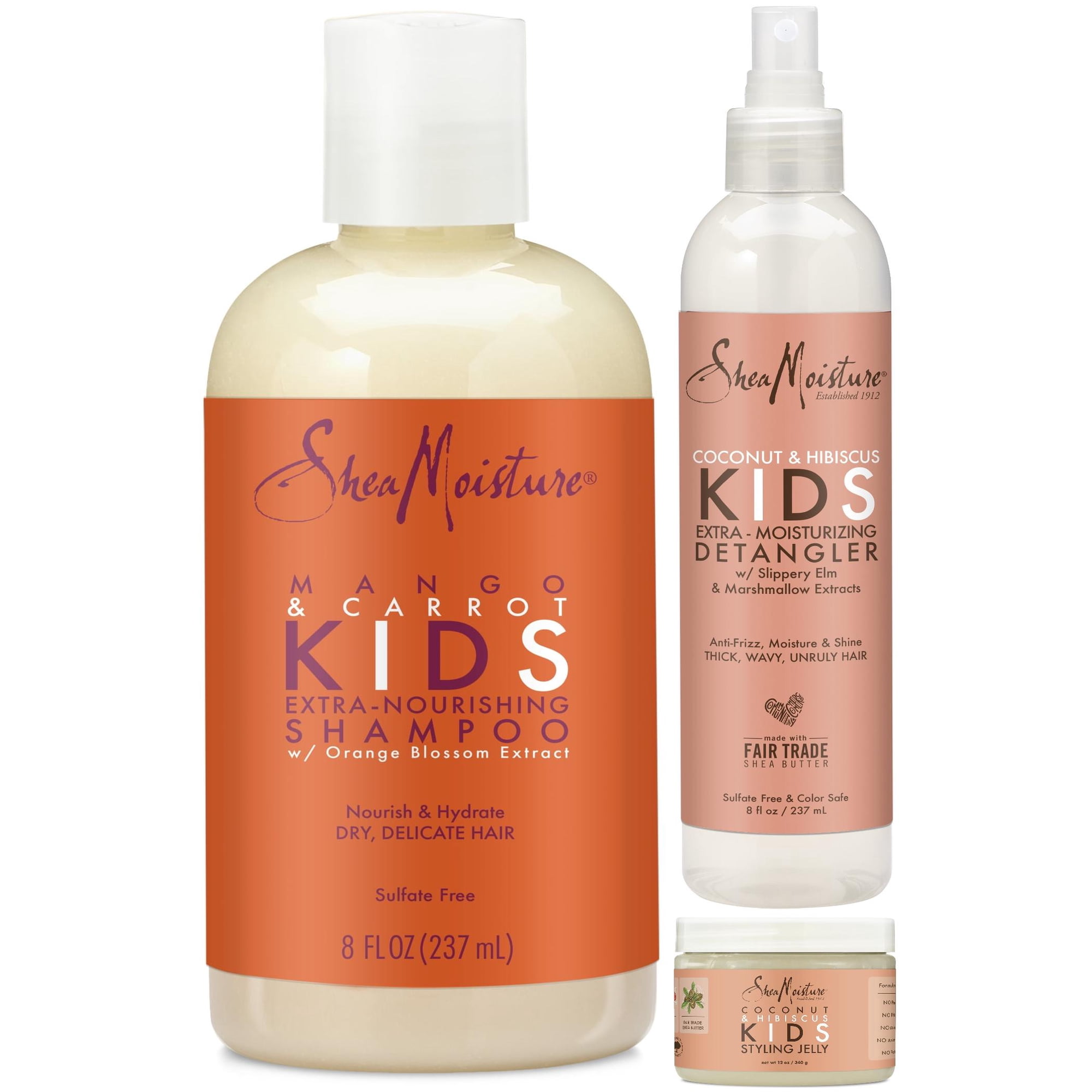 SheaMoisture Kids Shampoo and Detangler 8 oz ea + Styling Gel 12 oz
