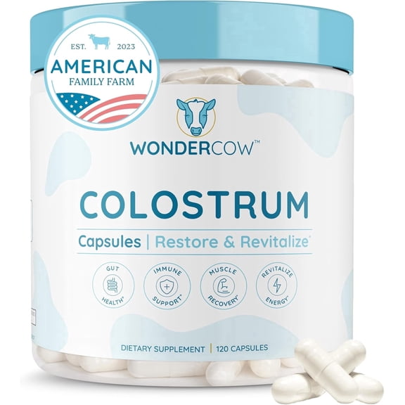 WonderCow Colostrum Capsules Supplement for Gut Health, Immune Support, Muscle Recovery & Wellness | Natural IgG Pure Whole Bovine Colostrum Superfood, Unflavored, 30 Servings