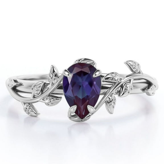 JeenMata Botanical Design - 1 Carat Pear Cut Lab Created Alexandrite - 4 Prong Engagement Ring - 18K White Gold Plating over Silver