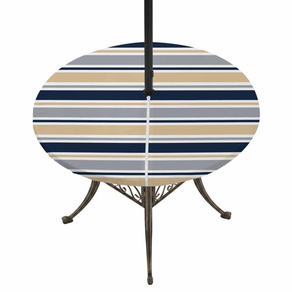 Round Outdoor Tablecloth with Umbrella Hole and Zipper, Khaki Grey Striped Tablecloth with Elastic Waterproof, Navy Blue Farmhouse Stripes Abstract Art Patio Table Covers for 55" - 60" Pool Tables
