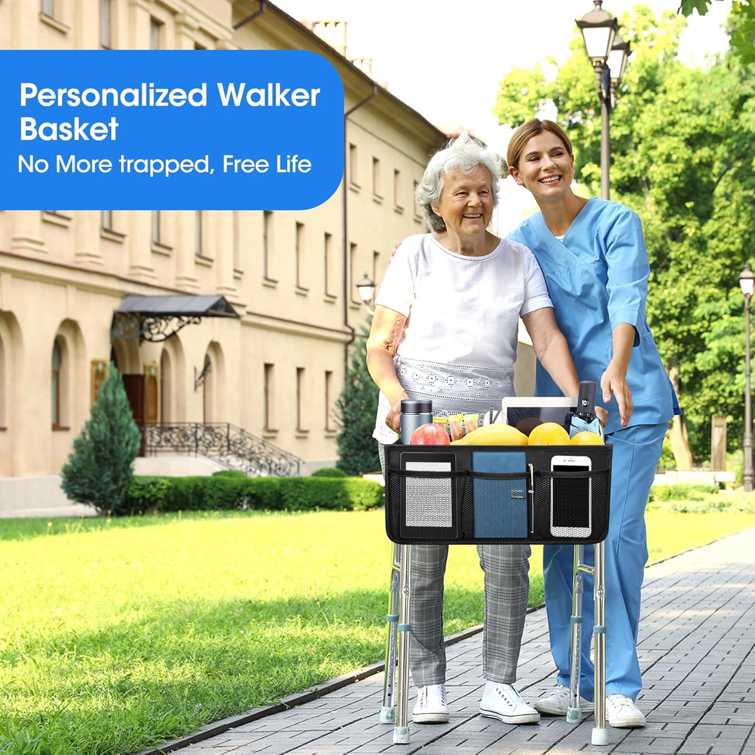 Upgraded Walker Basket with Cup Holder, Foldable Walker Bag with Large Capacity & Never Tipping Over- Not Fit for Rollator