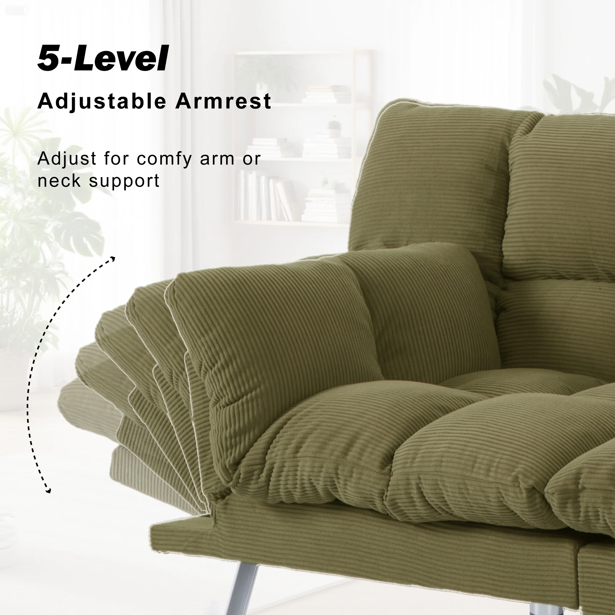 Gewnee 67.3 Inch Futon Sofa Bed, Corduroy Fabric Sleeper Sofa, Modern Loveseat for Apartments and Offices, Adjustable Backrest and Armrests.Green