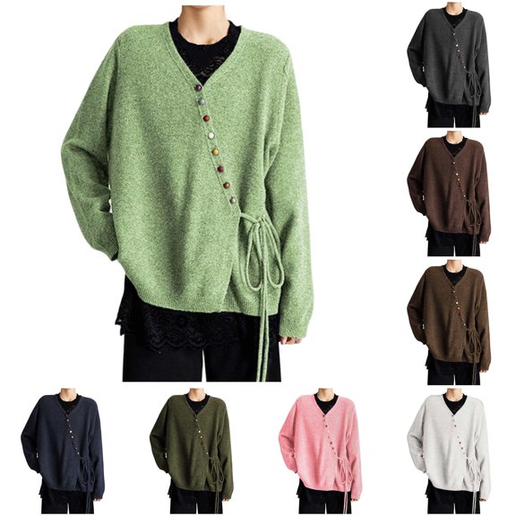 HCYSFG Womens Side Tie Cardigan Sweater V Neck Button Front Long Sleeve Loose Fit Textured Knit Casual Everyday Layering Tops