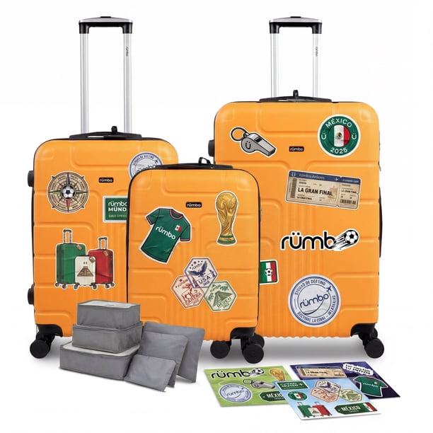 Set de Maletas Rígidas de Viaje de 20, 24 y 28 Pulgadas con Candado y Ruedas 360°, Incluye Stickers Mundialistas