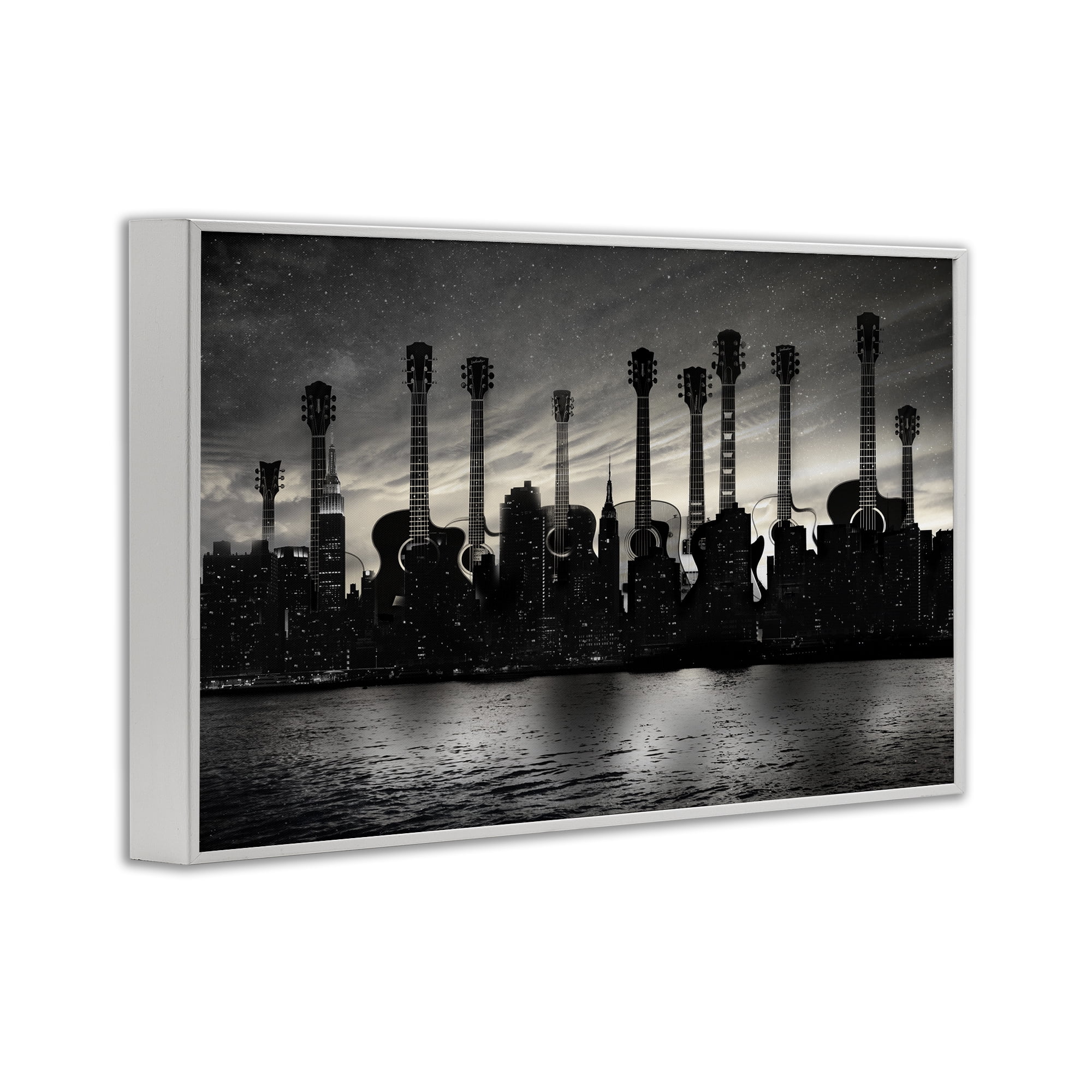 Stupell Industries Guitar Skyline Cityscape White Framed Giclee Art, design by CAD Designs