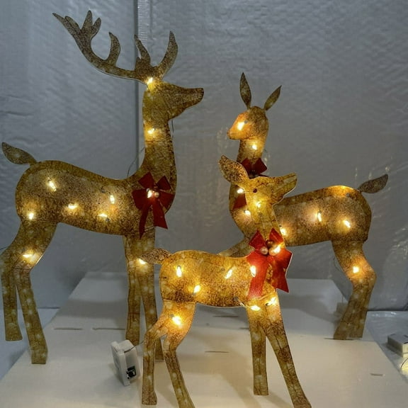 3-Piece 2D Lighted Christmas Deer Family Set - Large Outdoor Yard Reindeer Holiday Decoration with Stakes, Zip Ties - Gold