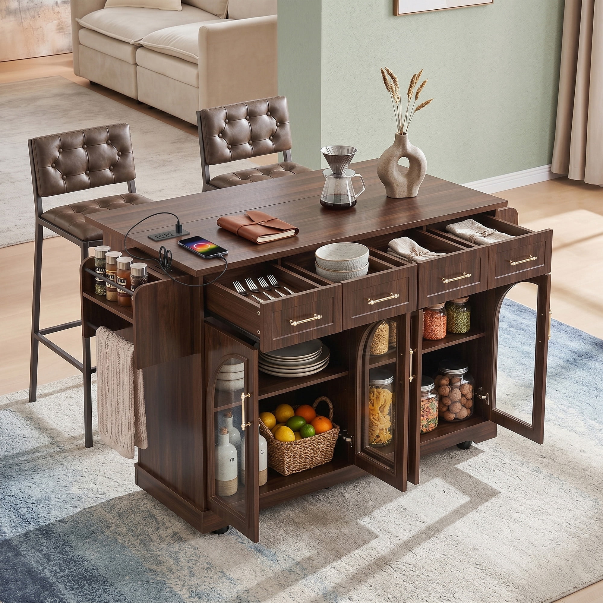 Euroco 65" Kitchen Island with Storage & Drop Leaf, Rolling Kitchen Cart on Wheels with Arched Glass Doors,4 Drawers, Spice Rack & Towel Rack,Portable Island Table for Dining Room,Walnut Brown