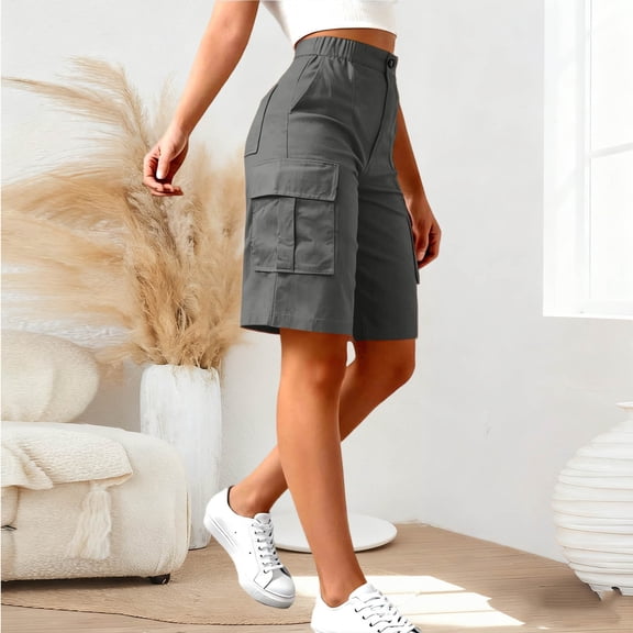 Womens Cargo Shorts with Multi Pockets Casual Hiking Elastic High Waisted Straight Leg Bermuda Short for Women 4th of July