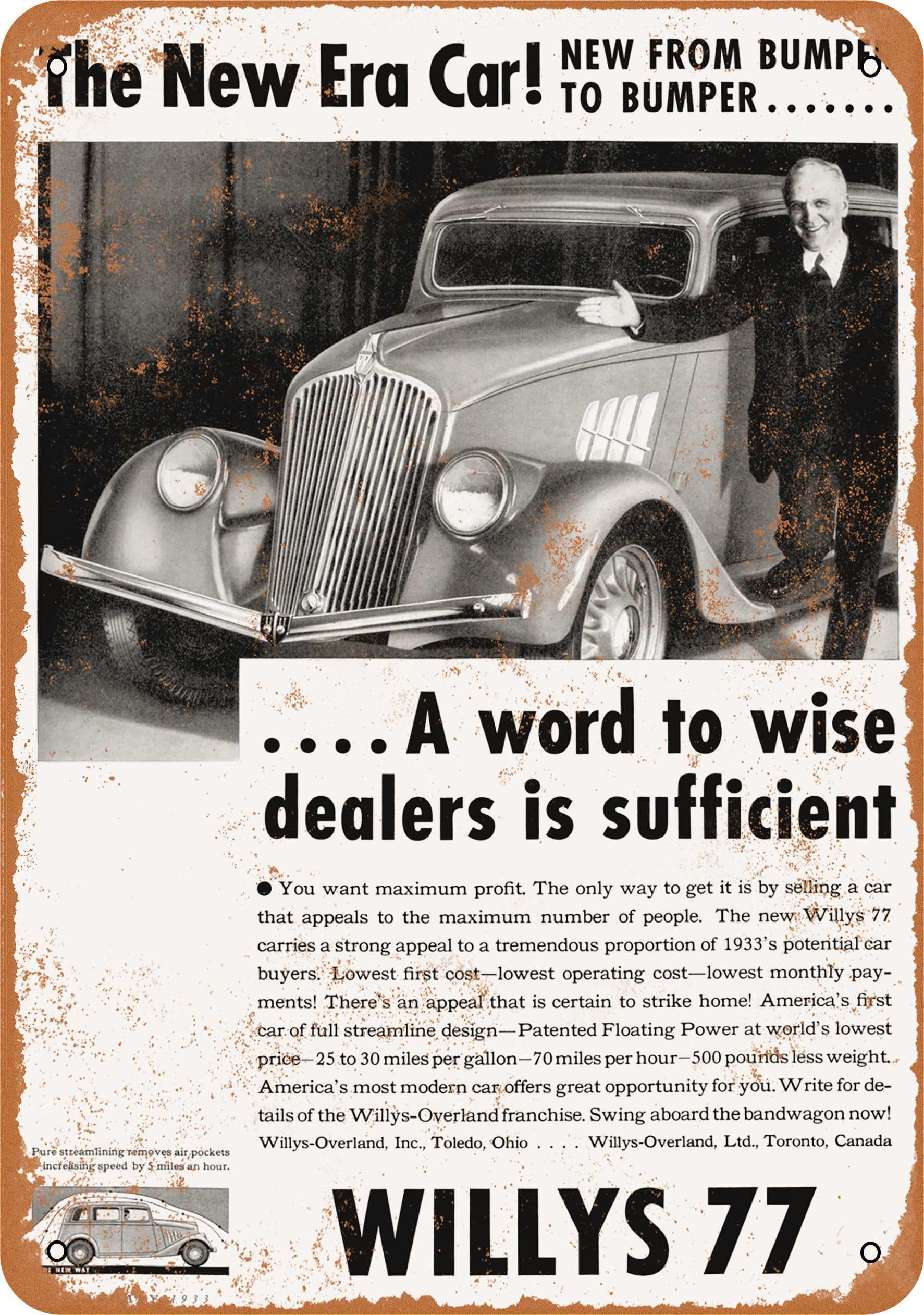 Nostalgic Willys Jeep Sales & Service Aluminum Tin Metal Sign 12x18 Large Size 