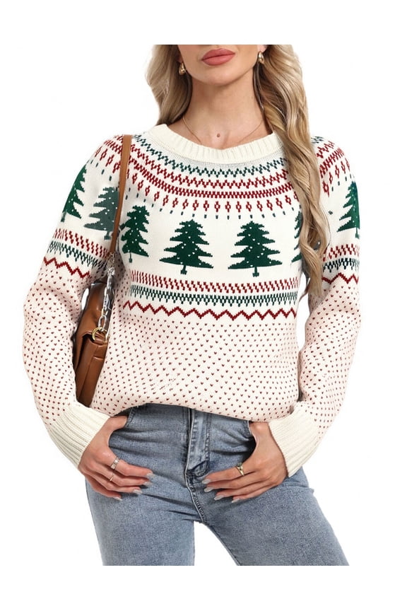 Fair Isle Sweaters for Women Ugly Christmas Sweater Crew Neck Long Sleeve Cute Funny Holiday Chrismas Tree Print Cable Knit Pullover Sweater Alsol Lamesa
