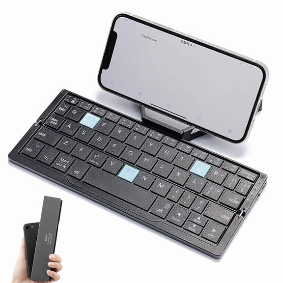 60‑Keys Mini Folding Bluetooth Keyboard with Pouch & Magnetic Stand, Sync up to 3 Devices, Portable Wireless Keyboard for Tablet & Phone, Compatible with Windows, iOS, Android, Deep Gray