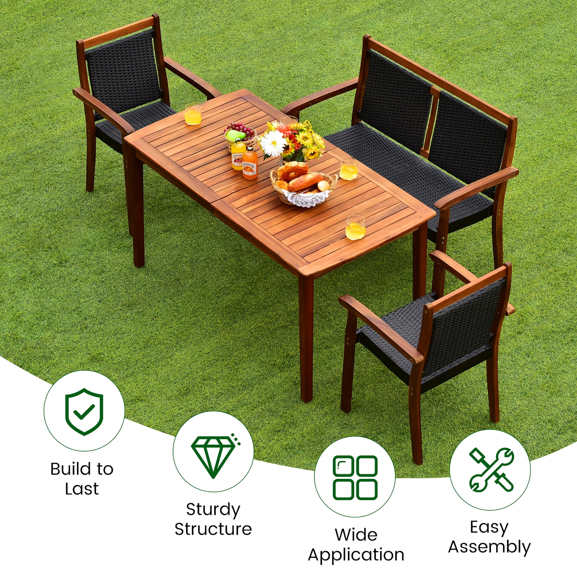 Costway 4PCS Patio Rattan Dining Furniture Set Acacia Wood Frame Stackable Chair Loveseat
