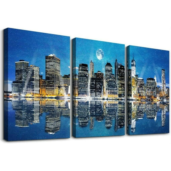 city at night blue farmhouse Wall Art for Living Room bedroom Wall Artworks Pictures office bathroom decor wall Decoration, 12x16 inch/piece, 3 Panels Home Wall decor posters canvas painting for wall