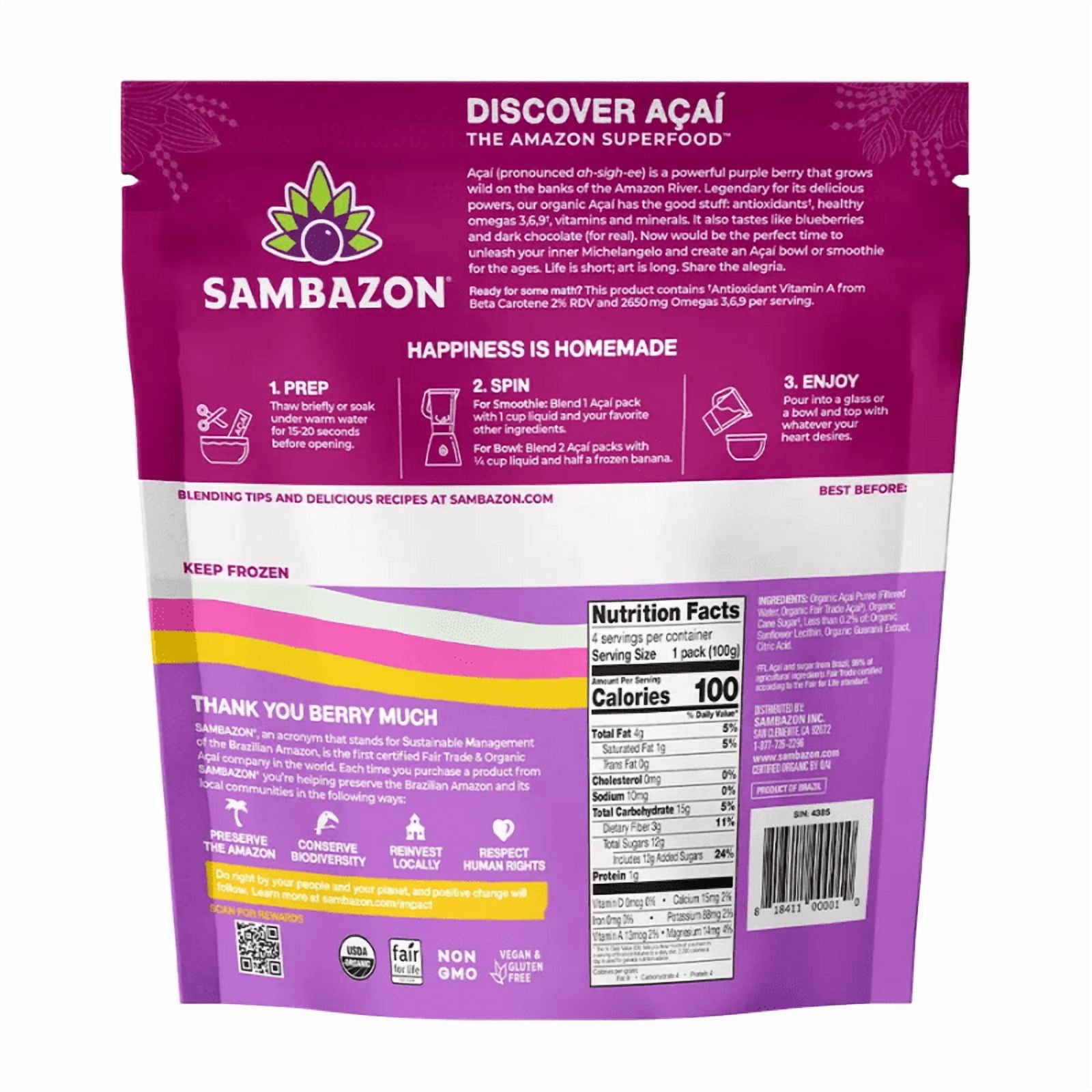 Sambazon Organic Original Acai Superfruit Packs for Smoothies and Bowls, 4 Count, 14.1 oz