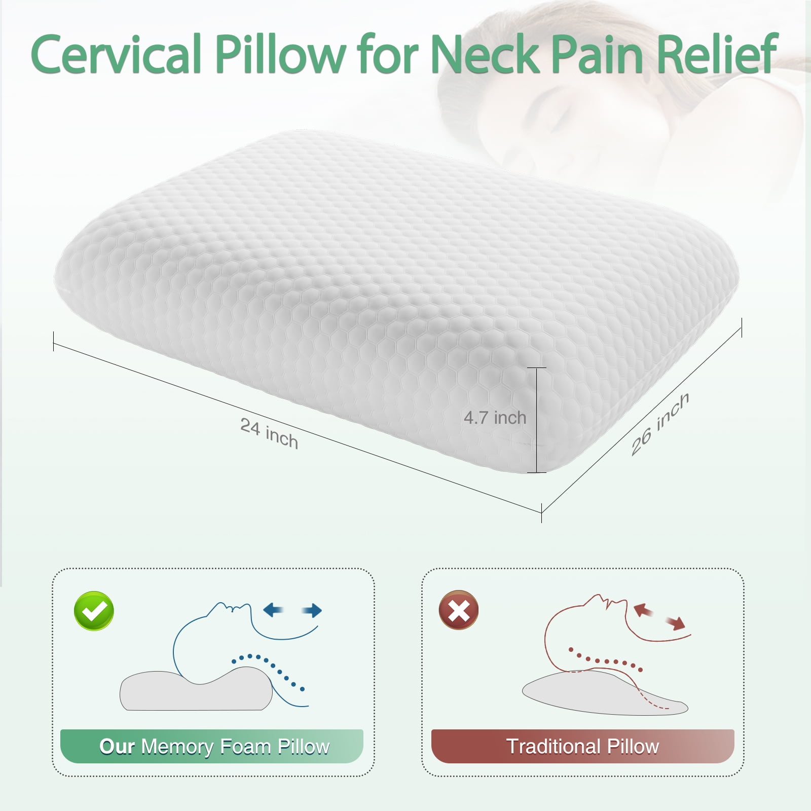 GIANNA Memory Foam Pillow for Sleeping, Standard Size(24" x 16" x 4.7"), Ergonomic Design, Soft and Supportive for Neck and Back Pain Relief, Washable Cover