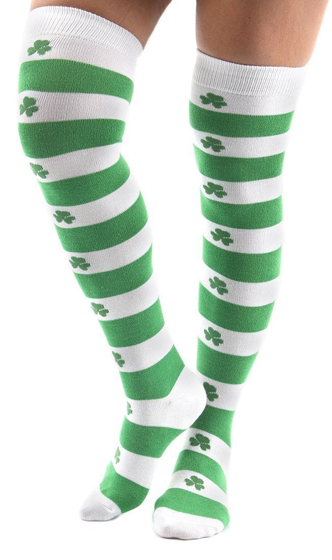 Takkar Femmes Filles St Patricks Day Shamrock Knee Socks White and Green Stripe High Socks 1 Pair