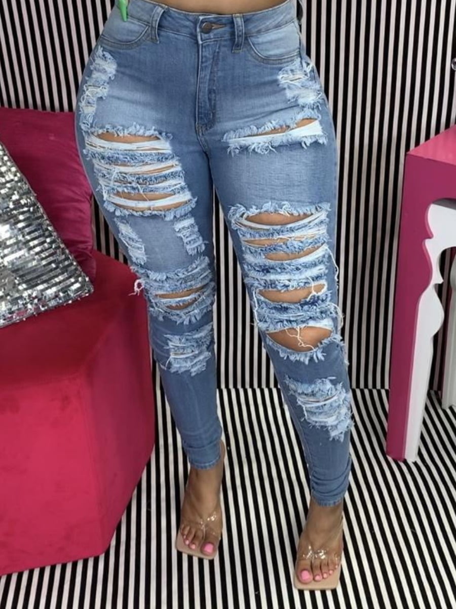 lovelywholesale Mid Waist Ripped Jeans 