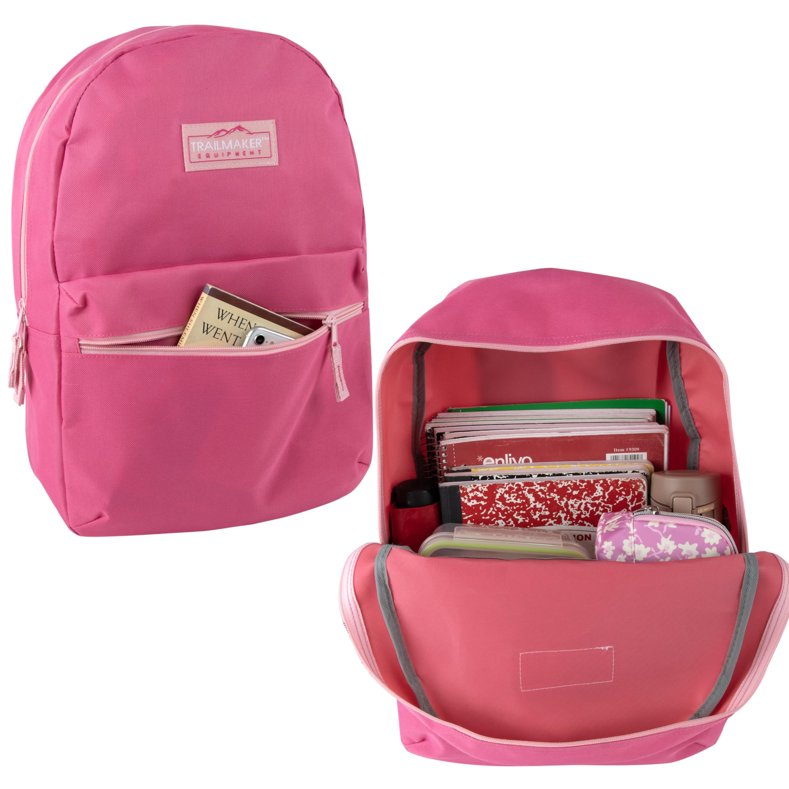 Trail Maker 24 Pack of Bulk Wholesale Basic and Classic 17 Inch Backpacks with Front Accessory Pocket and Dual Zipper Closure for Travel & Commuting in Assorted Womens 4 Color Pack
