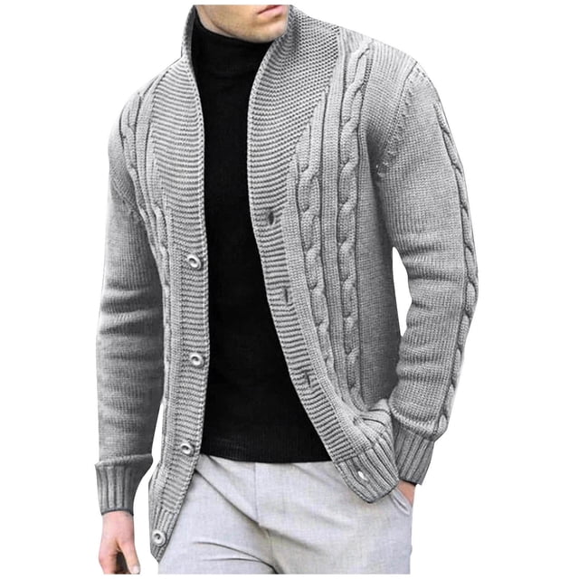 Grrvtrz Men's Chunky Knit Sweater, Cable Knit Cardigan Button Down Stand Up Collar Ribbed Sweater Coat