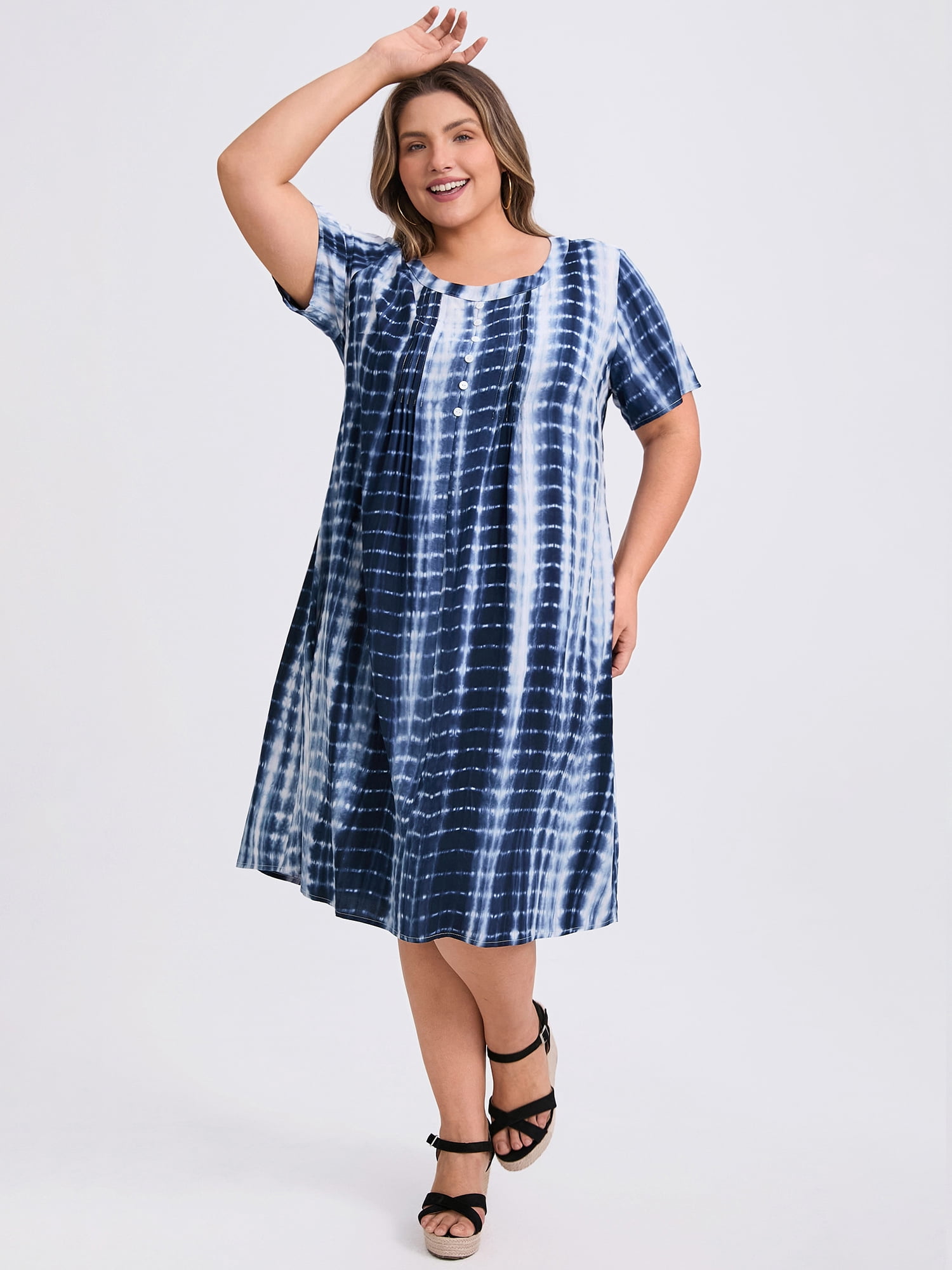 DARING DIVA Plus Size Tie Dye Summer Short Sleeves Dress 2X Dark Blue