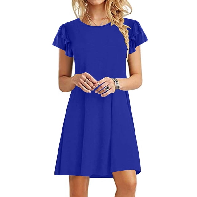 Robes pour Femmes 2024 Été Robes Mini Oversize Décontractées à Volants Manches Courtes Mignonnes Col Rond Robe Fluide avec Poches 50 % de Réduction!