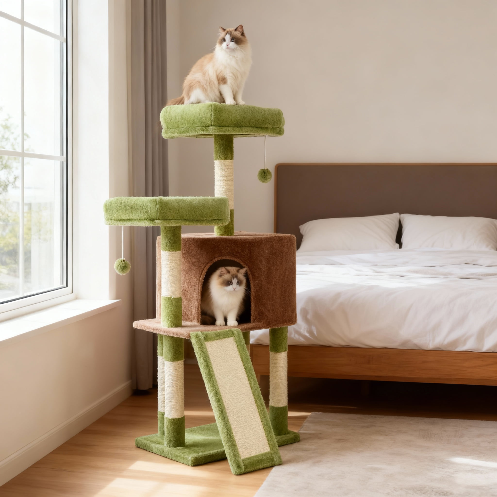 LEDREM Cat Tower, 45.3-Inch Indoor Cat Tree with Scratching Ramp, Perches, Spacious Cat Cave, Multi-Level Condo for Kittens, Adult Cats, Grass Green and Camel Brown