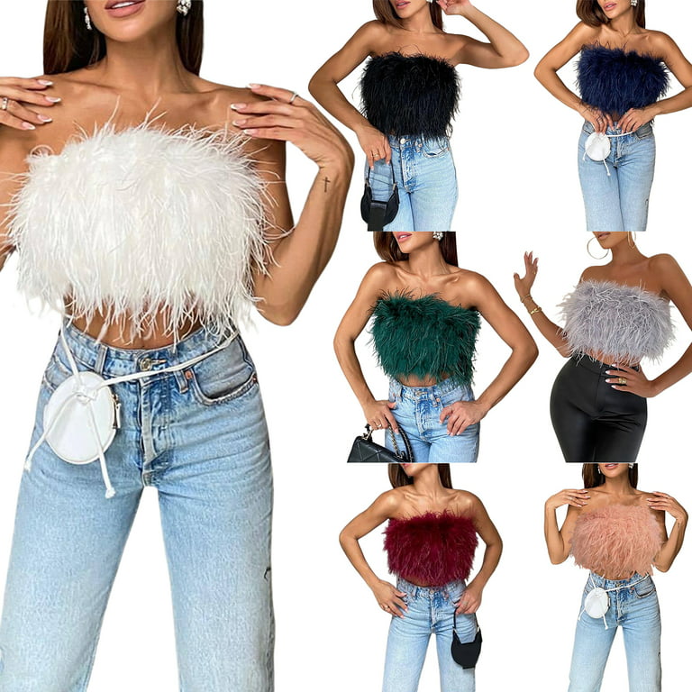 JBEELATE Women Faux Fur Tube Crop Top Solid Color Feather Strapless  Backless Zip Up Tube Top Party Clubwear 