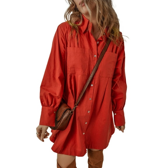 Women's Tomato Red Bishop Sleeve Button Up Pleated Mini Dress - [ZhiHiMeRi] | (US 12-14)L