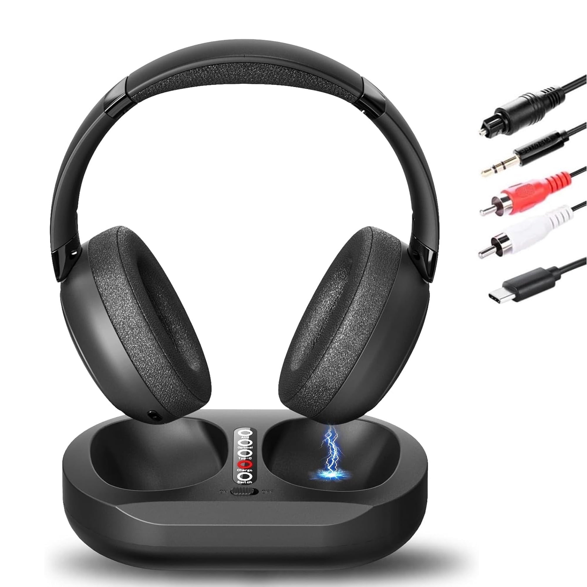 Wireless TV Headphones with 2.4G Digital RF Transmitter and Bluetooth, Wireless Over Ear Headphone with Charging Base, Support Optical/USB/RCA/BT, No Audio Delay, Compatible All TVs