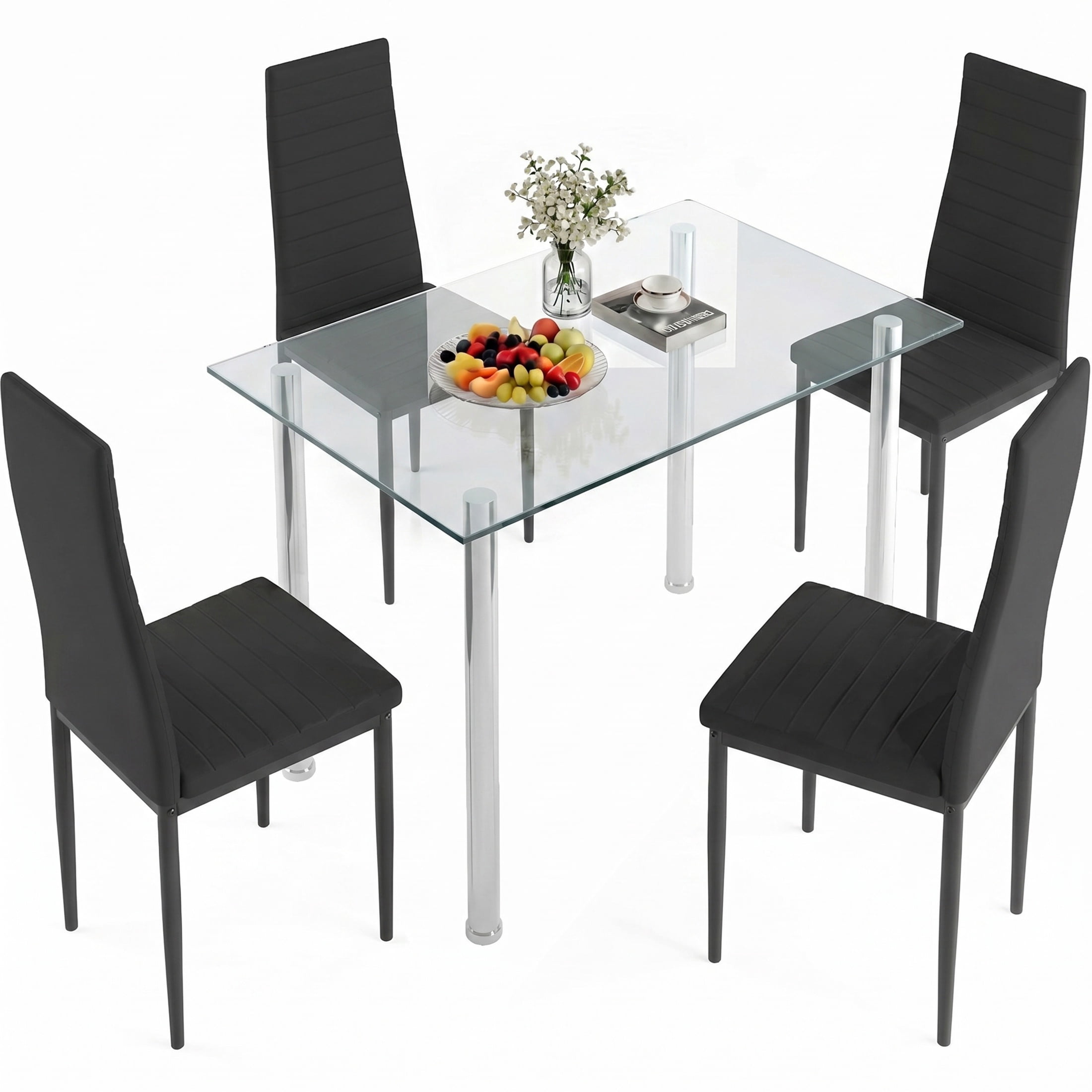 UHOMEPRO Black Kitchen Table Set, 5 Pieces Dining Table Set, Tempered Glass Dining Table and Chairs Set for 4, Upgraded Iron Dining Room Table Set with 4 PU Leather Chairs