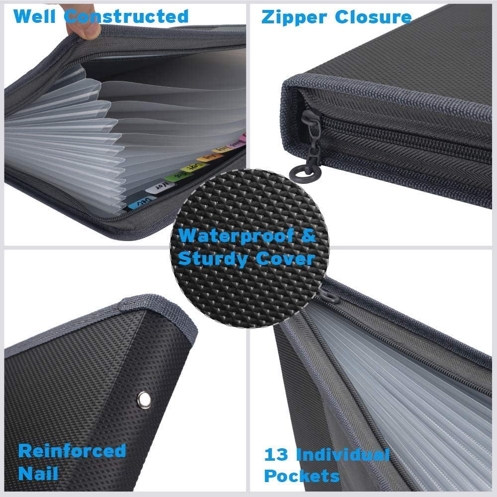 13-Pocket Accordion File Folder Organizer with Sticky Labels and Zipper Closure for Letter/A4 Size Documents