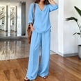 thumbnail image 6 of BRELIL Women Plus Size Summer V Neck Blouse Wide Leg Pants Two Piece Sets Casual Solid Boho Beach Vacation Travel Outfits Loungewear, Blue M, 6 of 7