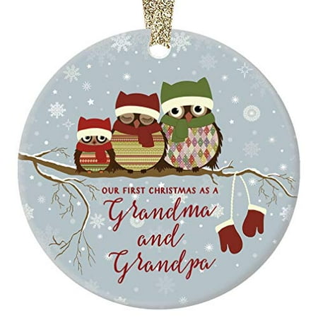 Our First Christmas as Grandma & Grandpa, New Grandparents Ornament, Owl Family Porcelain Ornament, 3