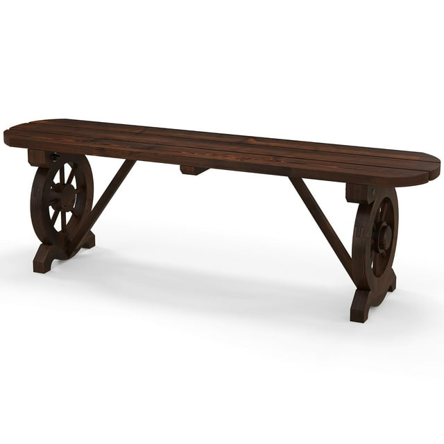 Gymax Banc Rustique en Bois avec Base de Roue de Chariot, Siège à Lattes, Capacité Maximale de 710 Lb pour Patio