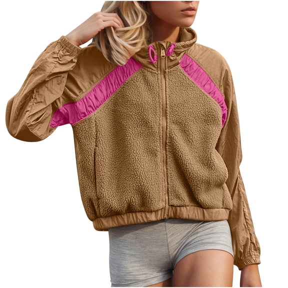 Zpanxa Women's Plush Sherpa Lined Fleece Jacket Zip Up Hooded Long Sleeve Winter Coat Soft Warm Outdoor Pullover with Pockets for Fall Khaki S