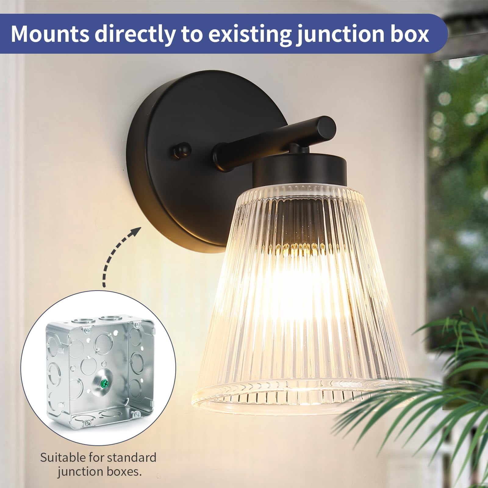 Set Of 2 Wall Sconces For Bathroom  Black Modern Vanity Light Fixtures With Striped Glass Shade Mount Lighting Lanterns Mirror Living Room Bedroom Hallway Farmhouse