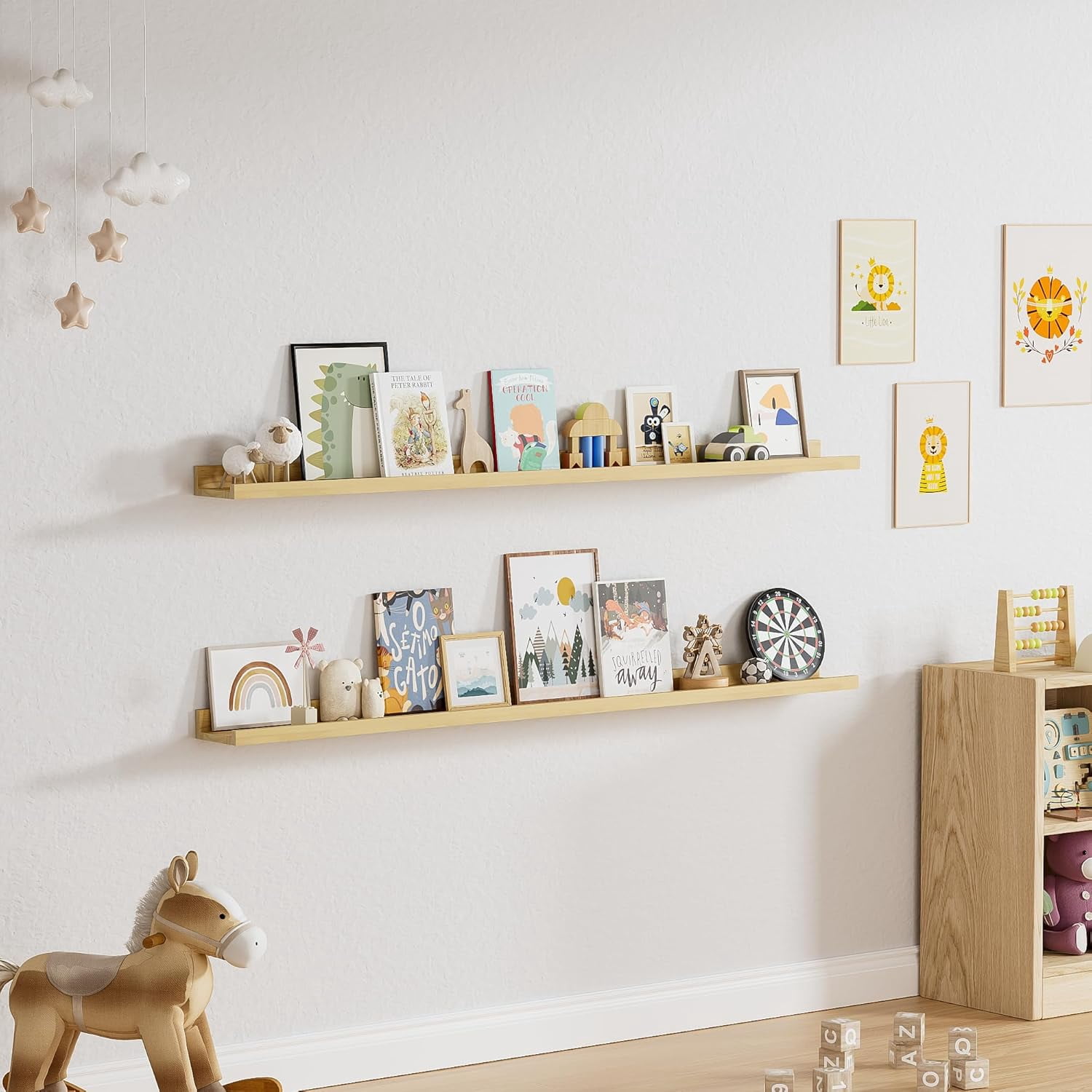 Long Floating Shelves for Wall, 56 inch Solid Wood Picture Ledge Shelf, Picture Shelf for Wall with Ledge, Floating Book Shelves for living room Bedroom Nursery Decor, Natural Finished, Set of 2