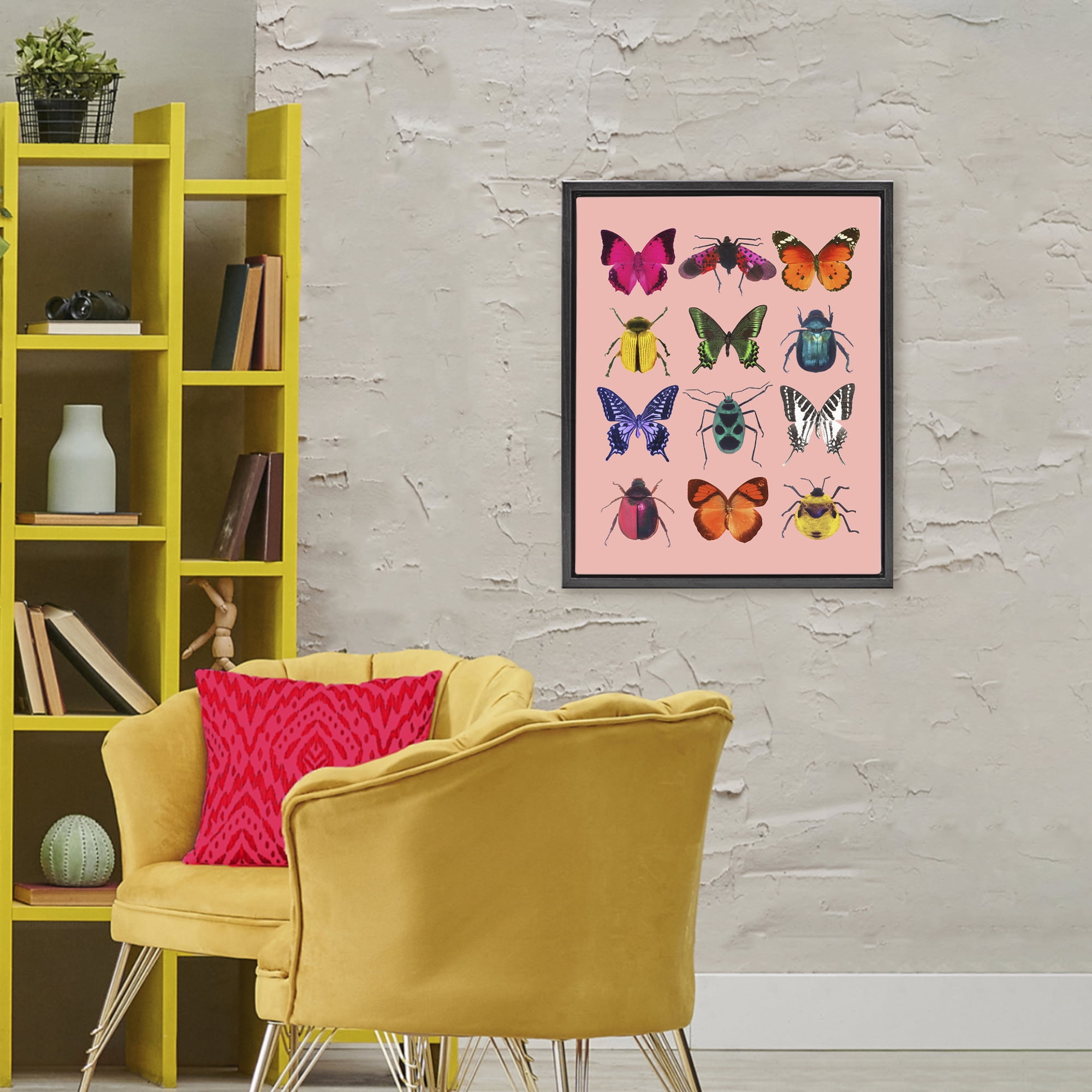 Colorful Bug Species on Pink Black Framed Floater Canvas Wall Art, design by LISH Creative
