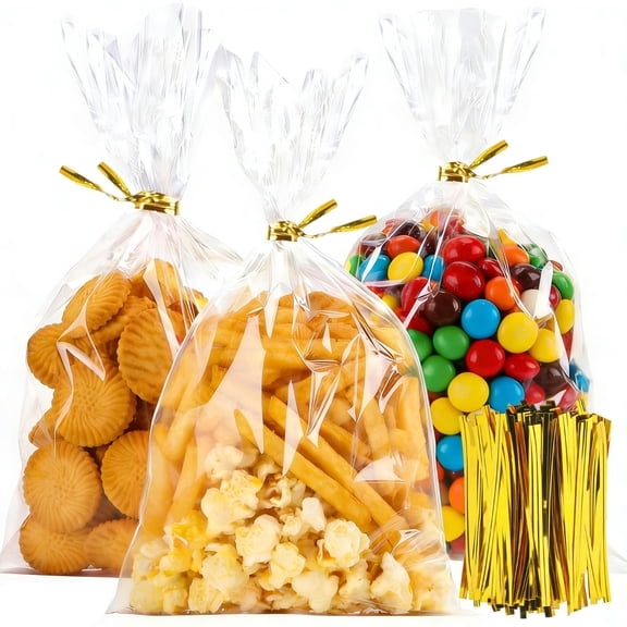 100 Pack Cellophane Bags, 6×10-Inch Clear Cellophane Gift Bags with 100 Gold Twist Ties Included, Plastic Packaging Bags Ideal for Wrapping Cookies, Candies, Party Favors, and Popcorn